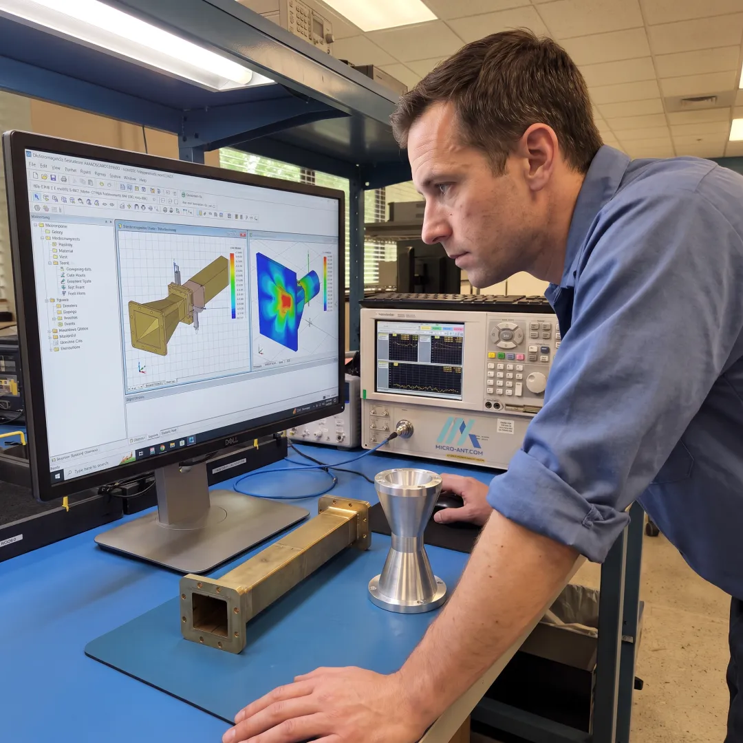 Antenna feed design engineer reviewing electromagnetic simulation results on a computer screen