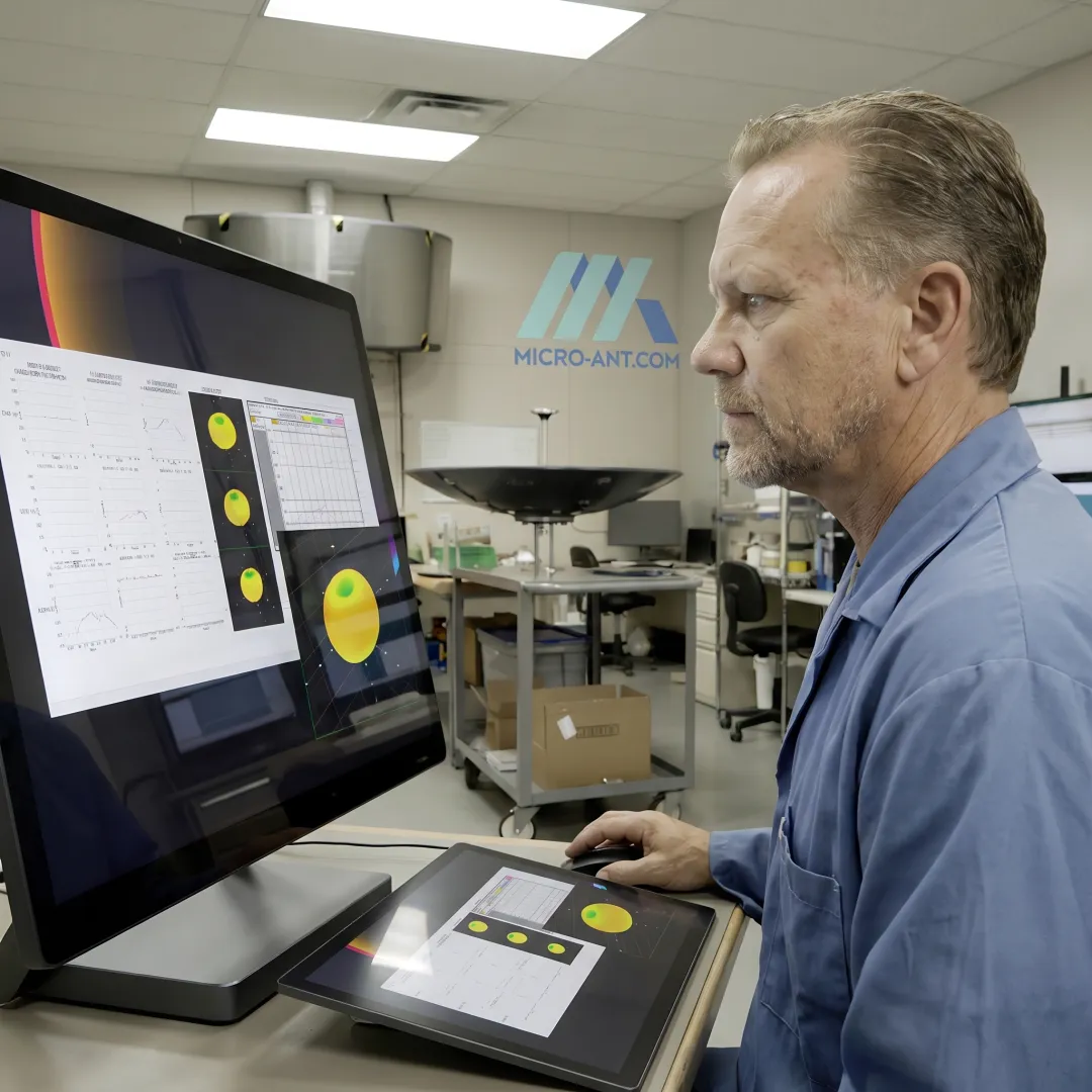Engineer reviewing antenna test data on a computer screen during FCC certification testing