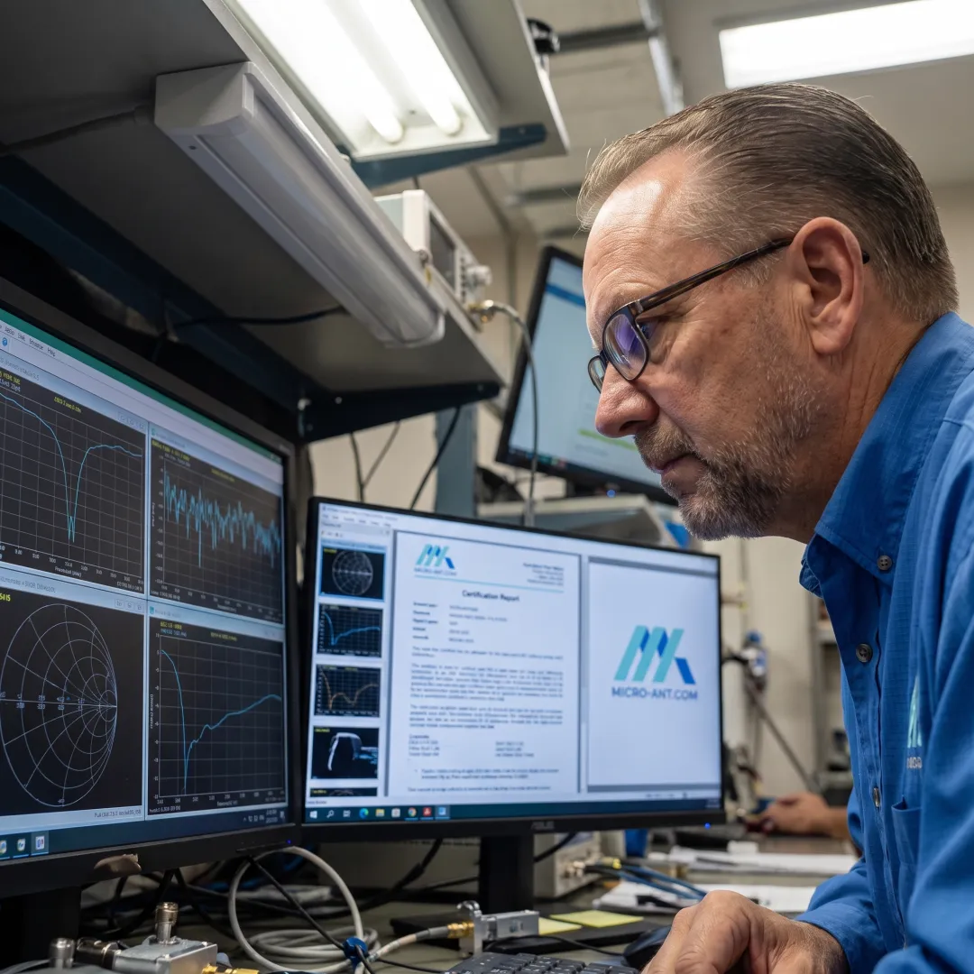 Test engineer reviewing antenna certification data on a computer screen