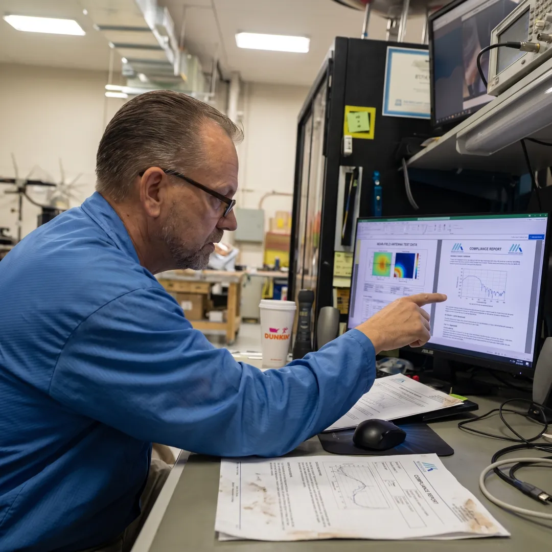 Engineer reviewing antenna certification test data on a computer monitor