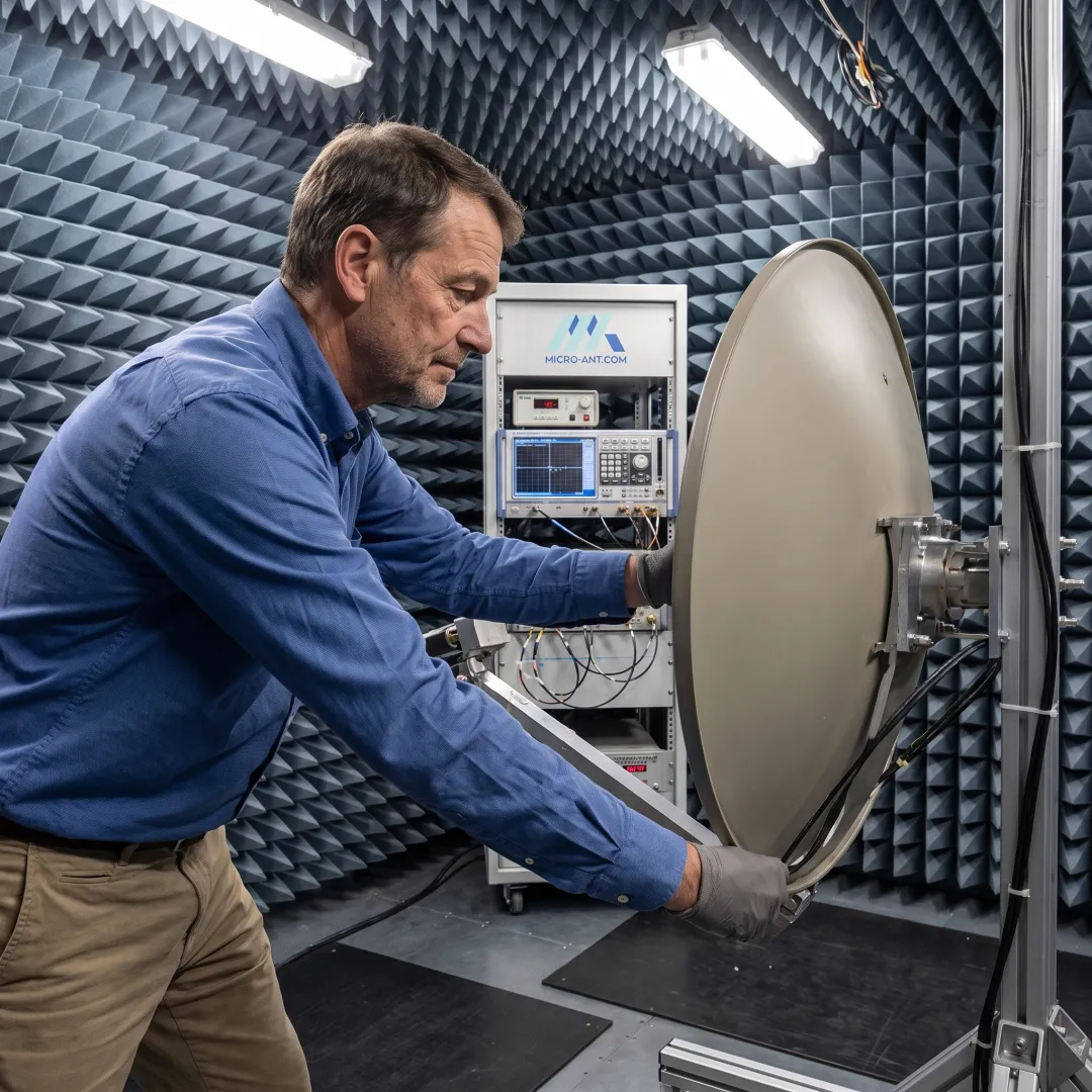 Technician testing a Ku band antenna