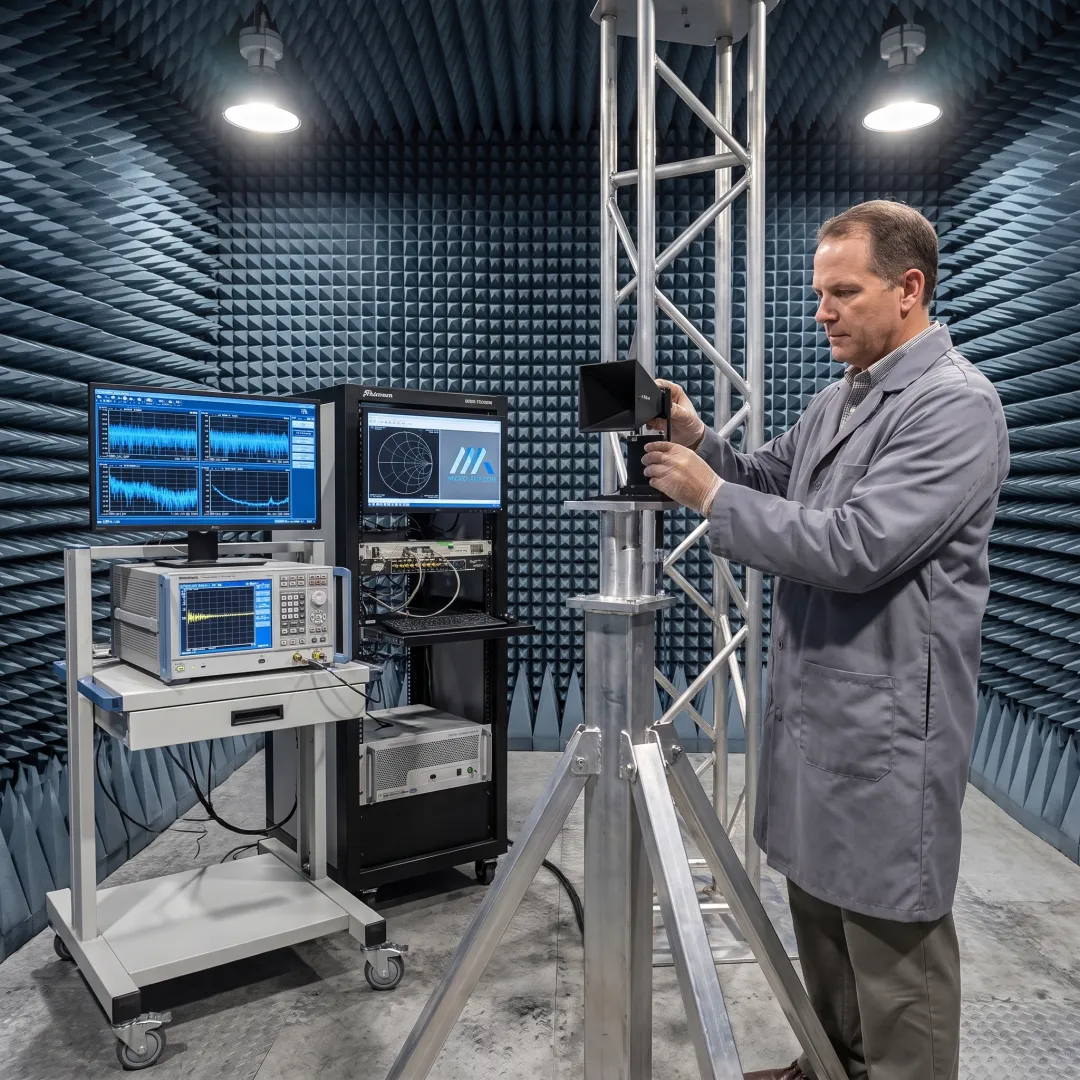Engineer testing an X-band antenna in an RF chamber