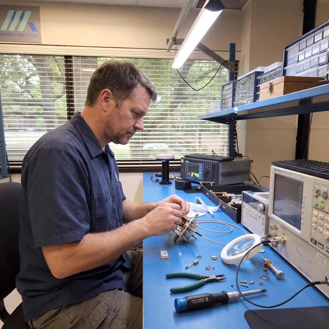 Technician assembling a satellite communications antenna