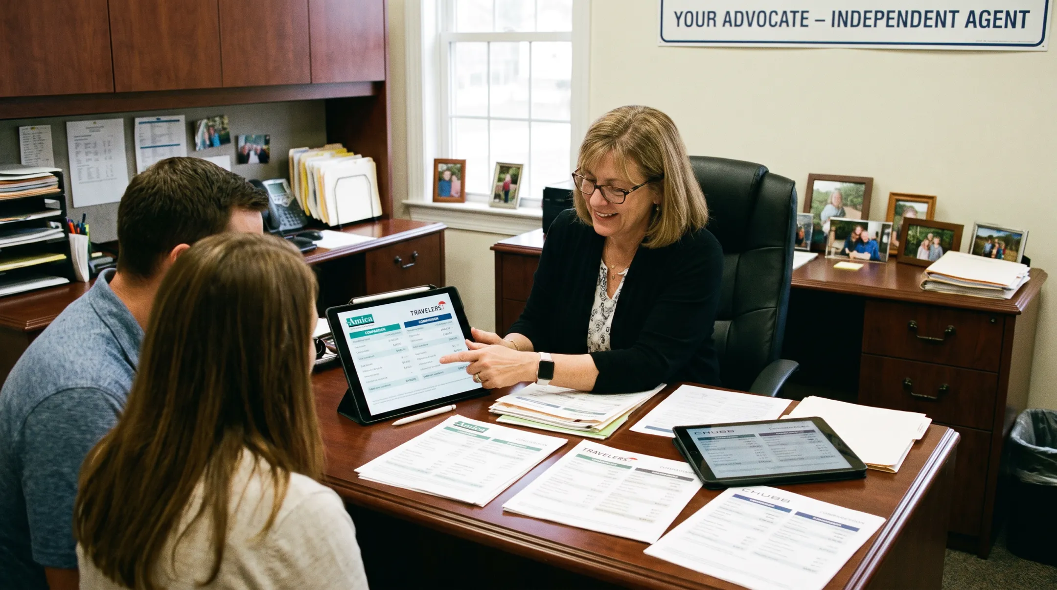 Independent insurance agent comparing multiple carrier illustrations for client