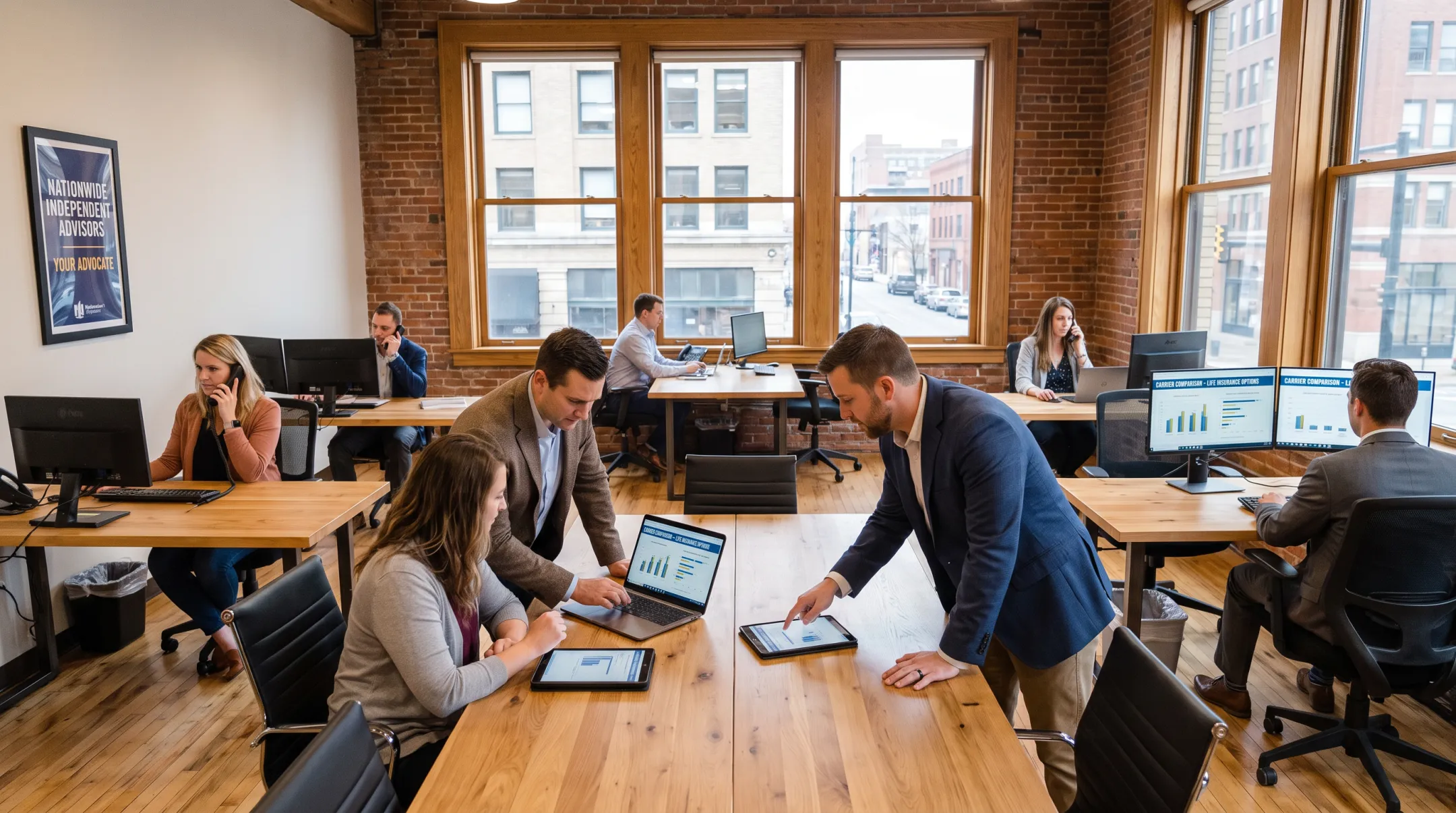 Independent insurance agents reviewing multiple carrier options for self-employed clients