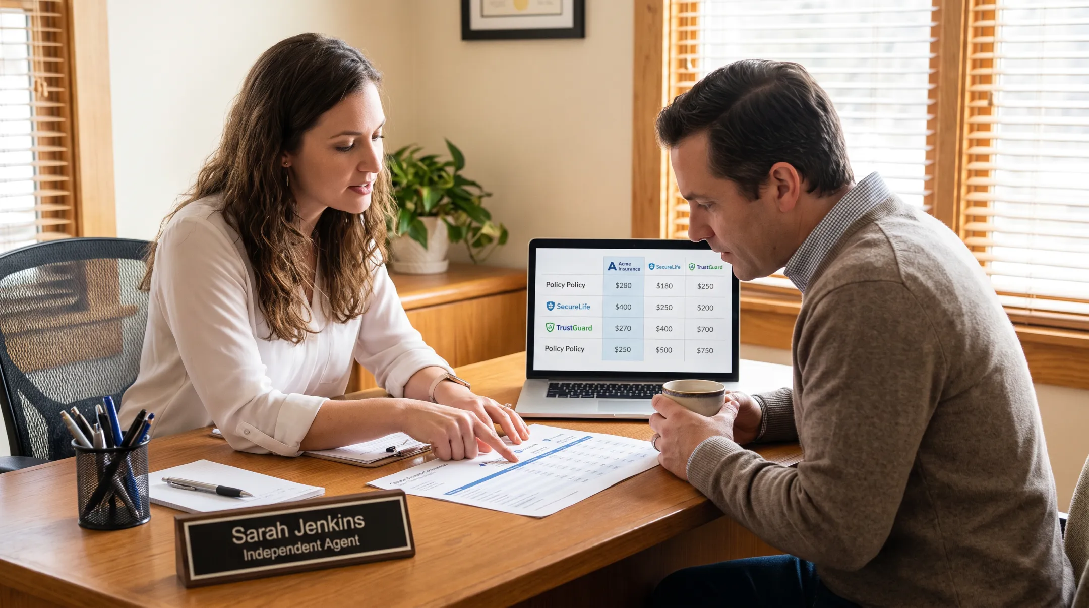 Insurance agent comparing multiple mortgage protection policy options for client