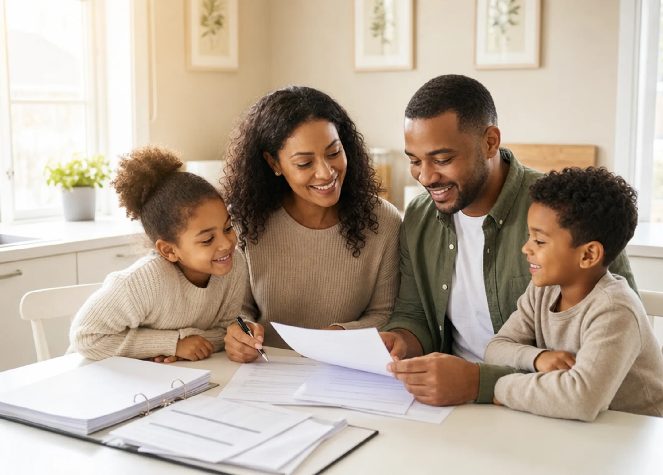 Happy family with young children reviewing life insurance documents at home