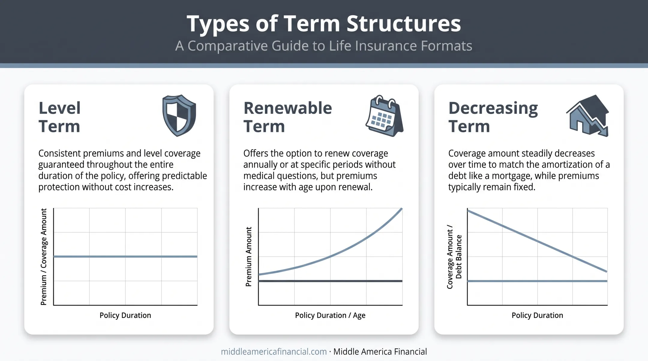 Level renewable and decreasing term life insurance types compared side by side