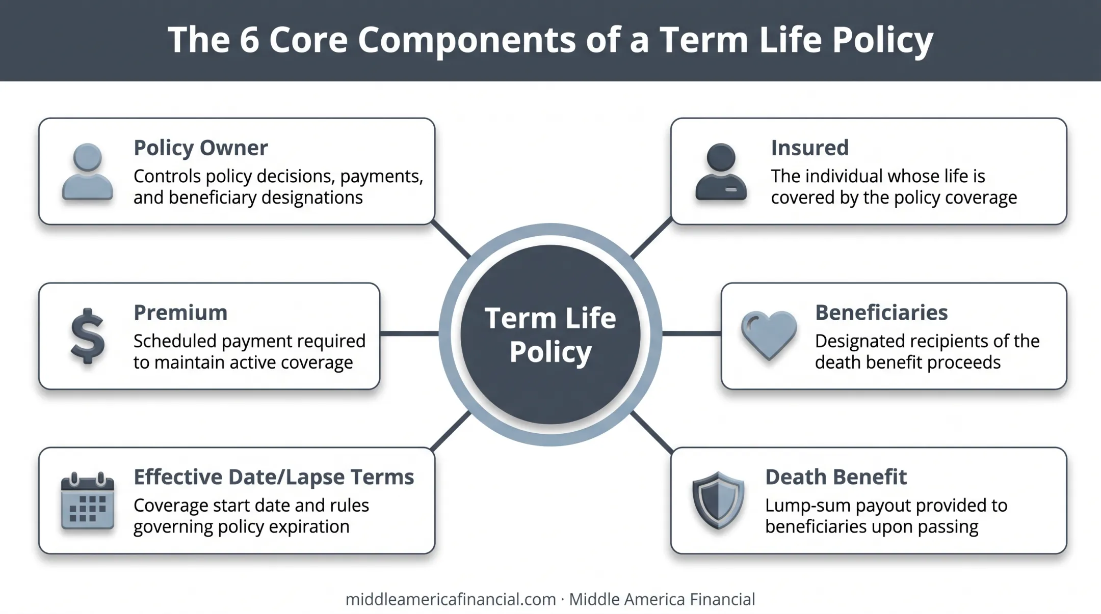 Core parties and components of a term life insurance policy