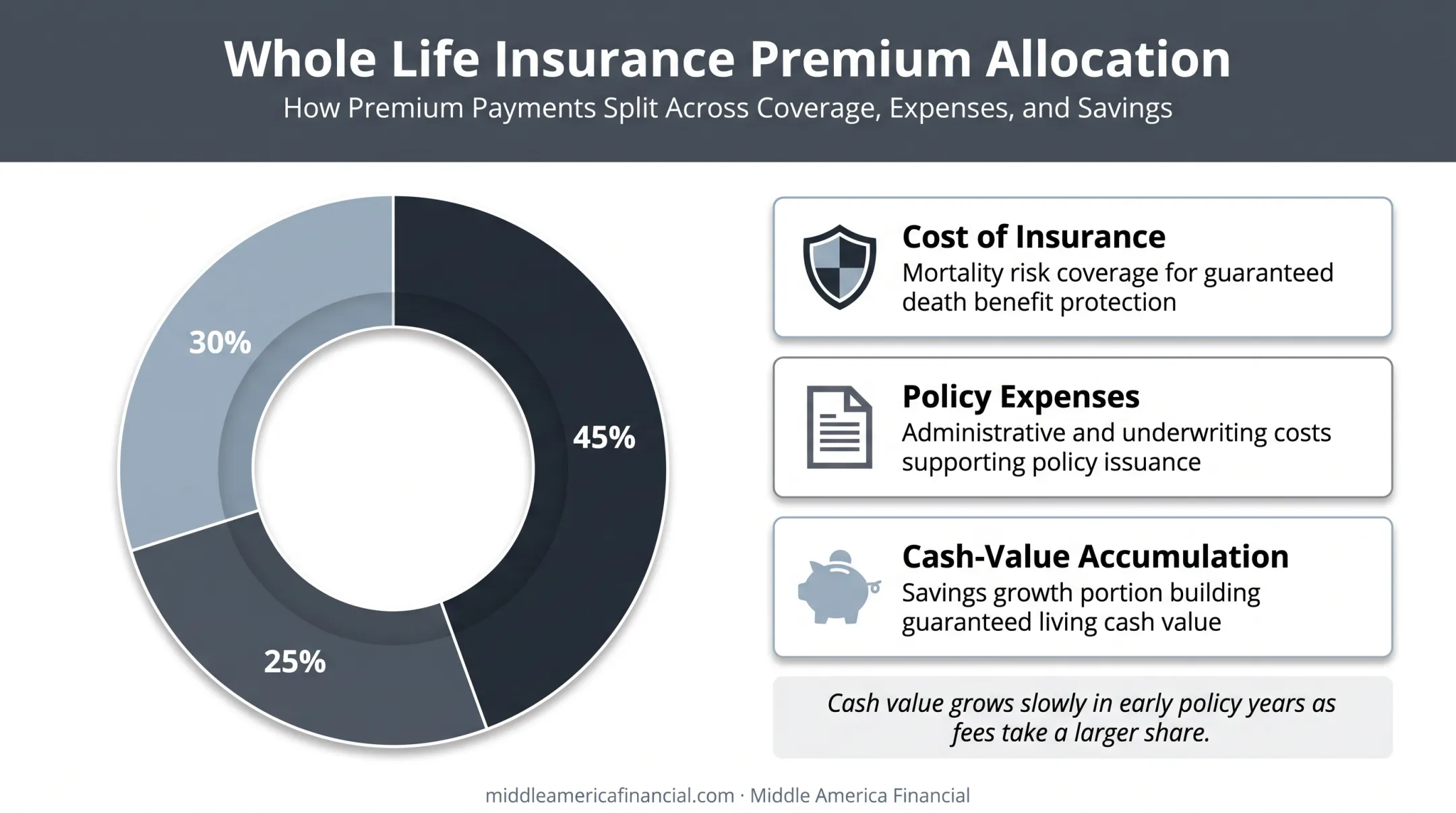Whole life insurance premium allocation breakdown into three cost components