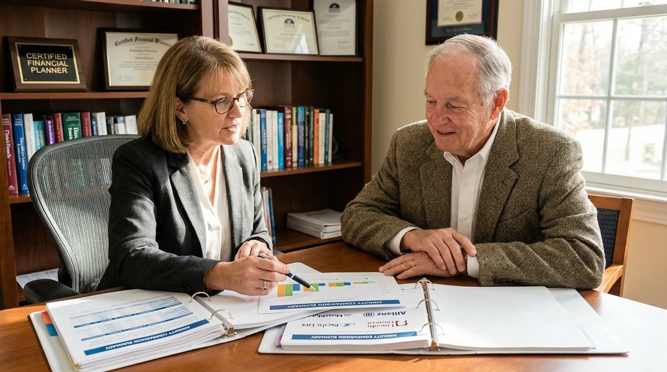 Independent insurance agent consulting client on annuity retirement options