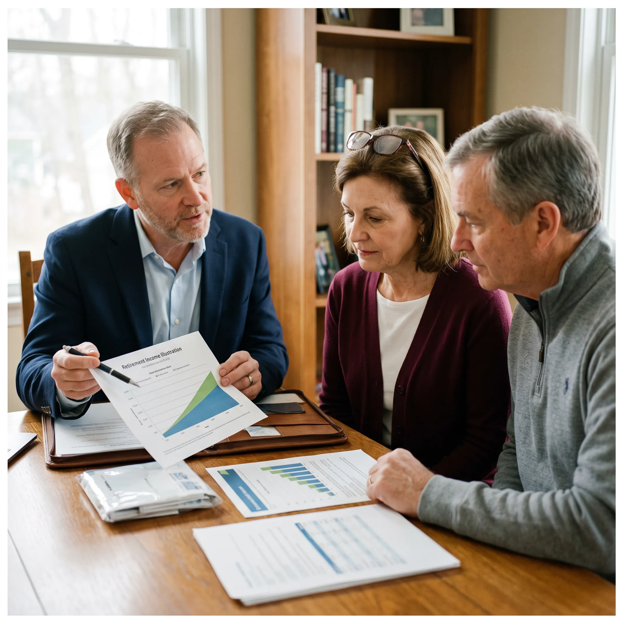 Advisor explaining pension growth and retirement income options
