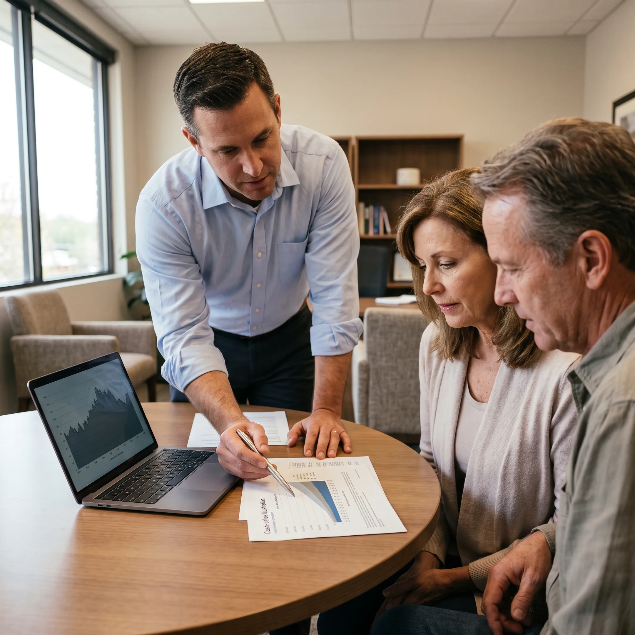 Advisor explaining IUL policy details to a client