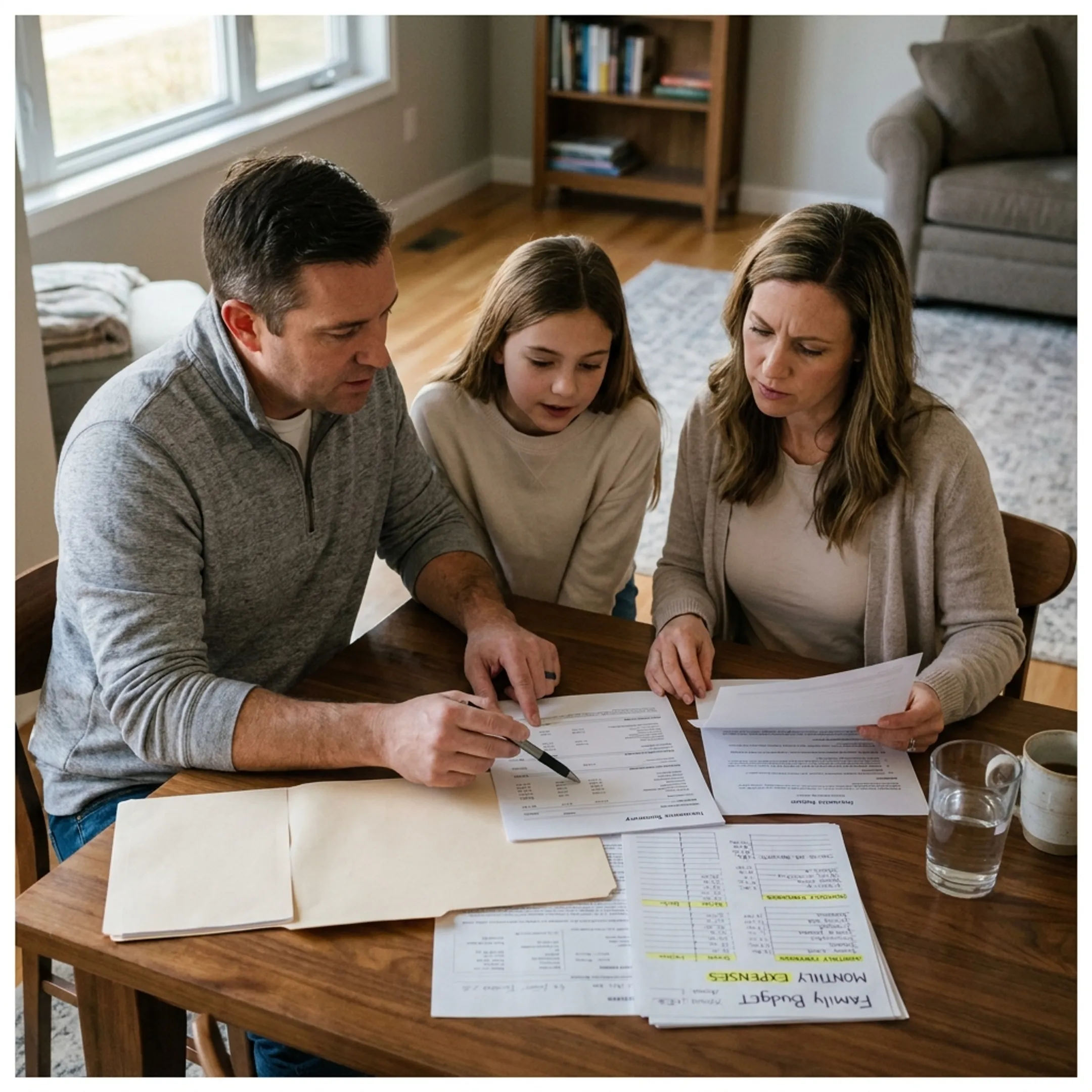 Family reviewing financial documents and life insurance options together