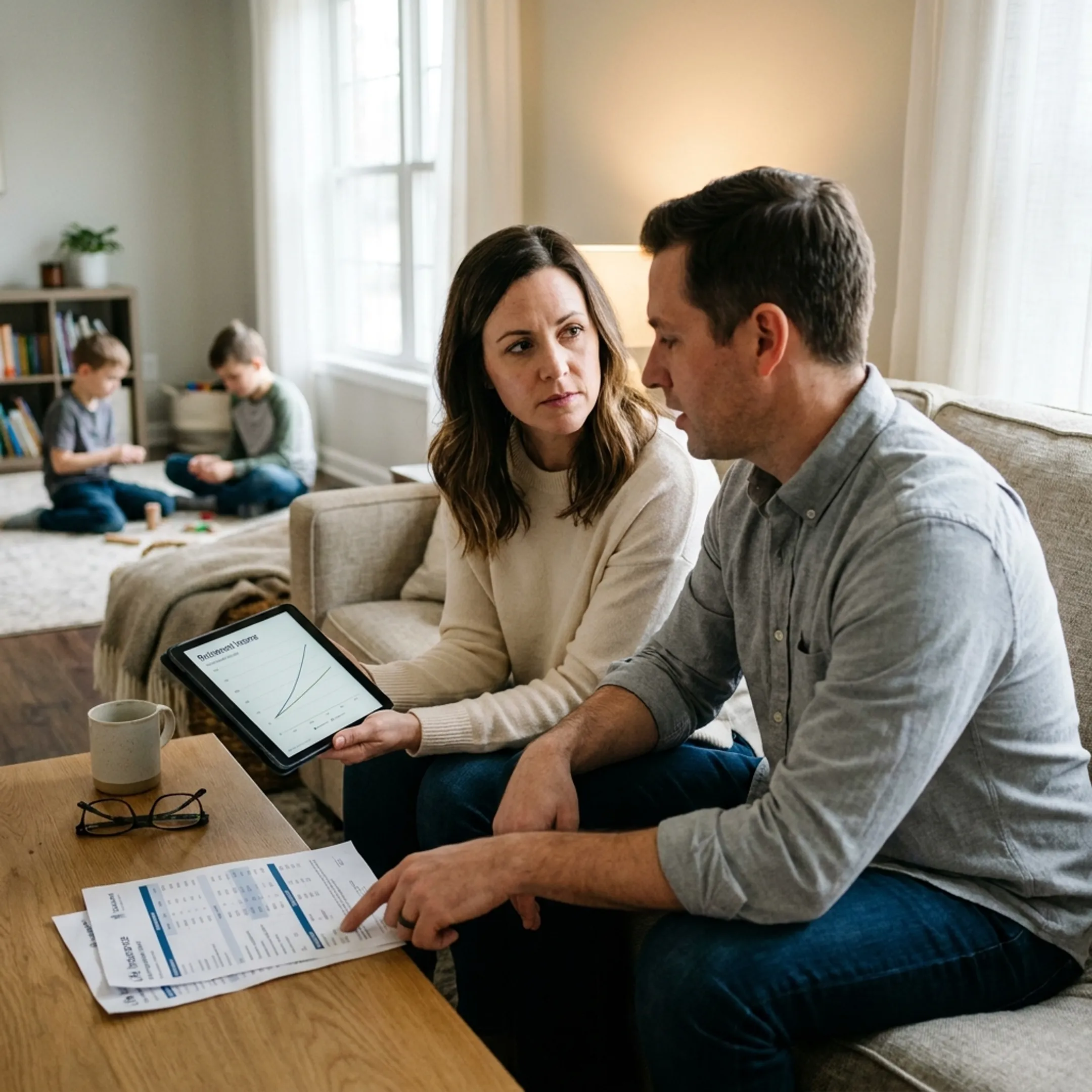Family reviewing life insurance coverage details together at home