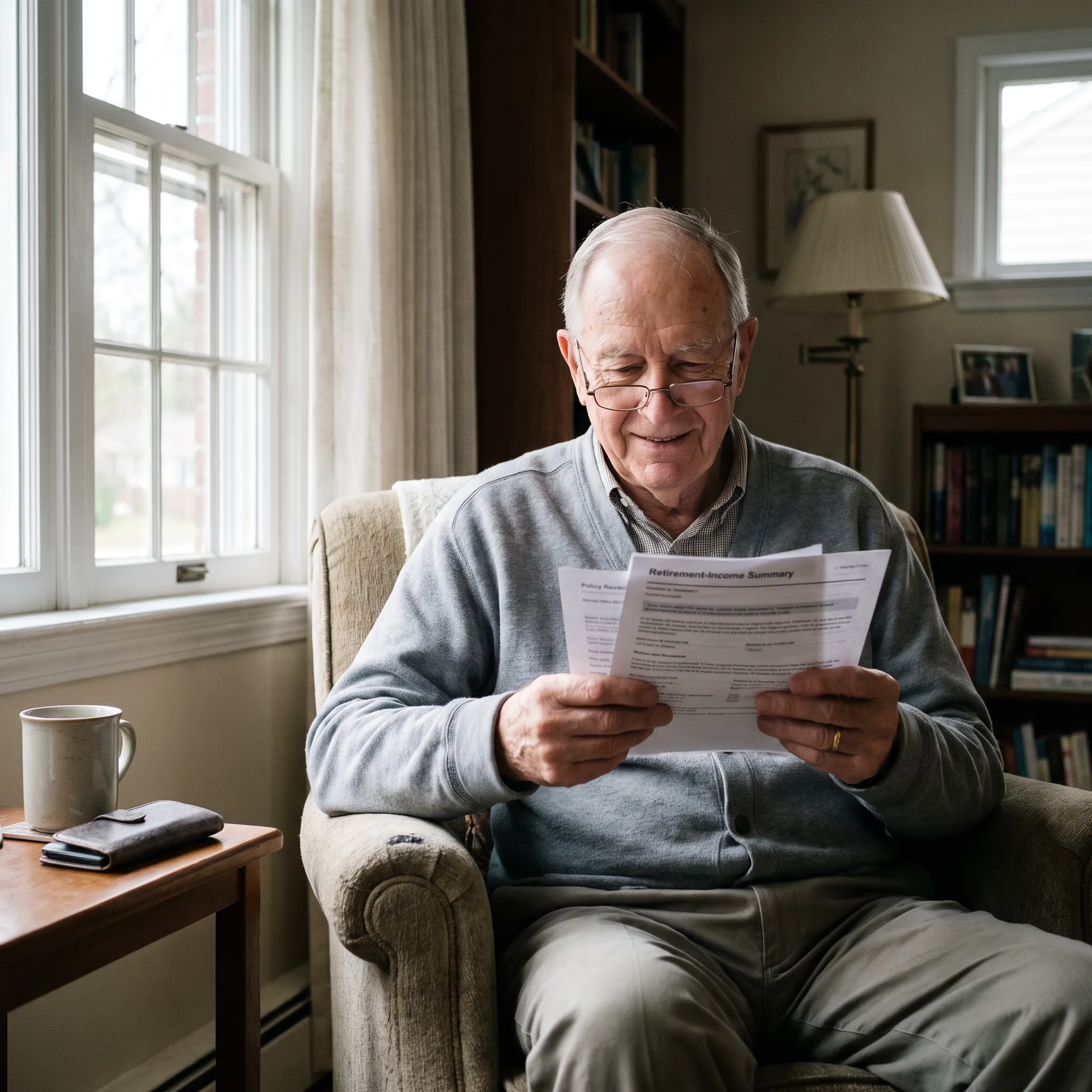 Senior reviewing life insurance documents and family financial plans