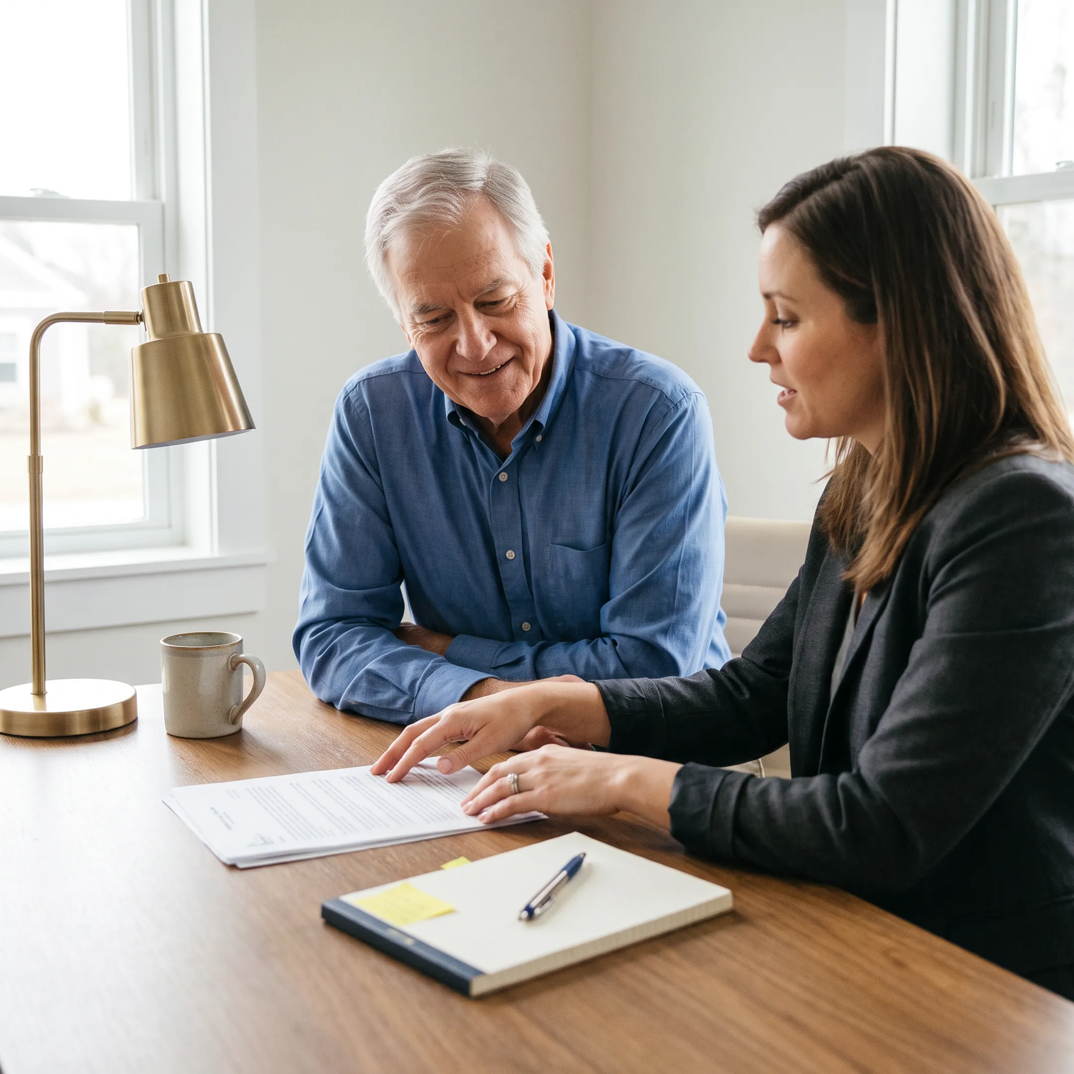 Smiling senior reviewing whole life policy options with a financial representative