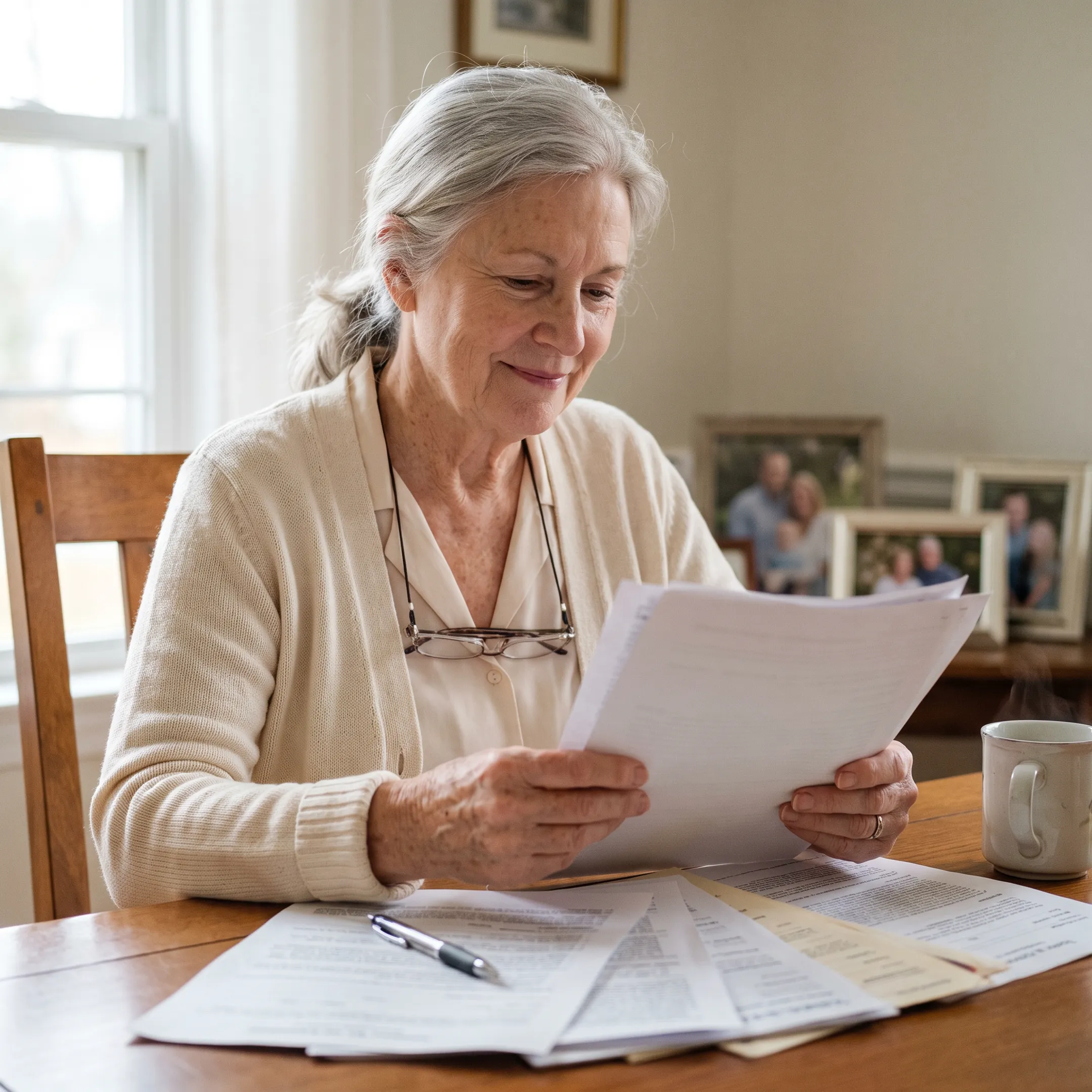 Smiling senior reviewing retirement financial documents