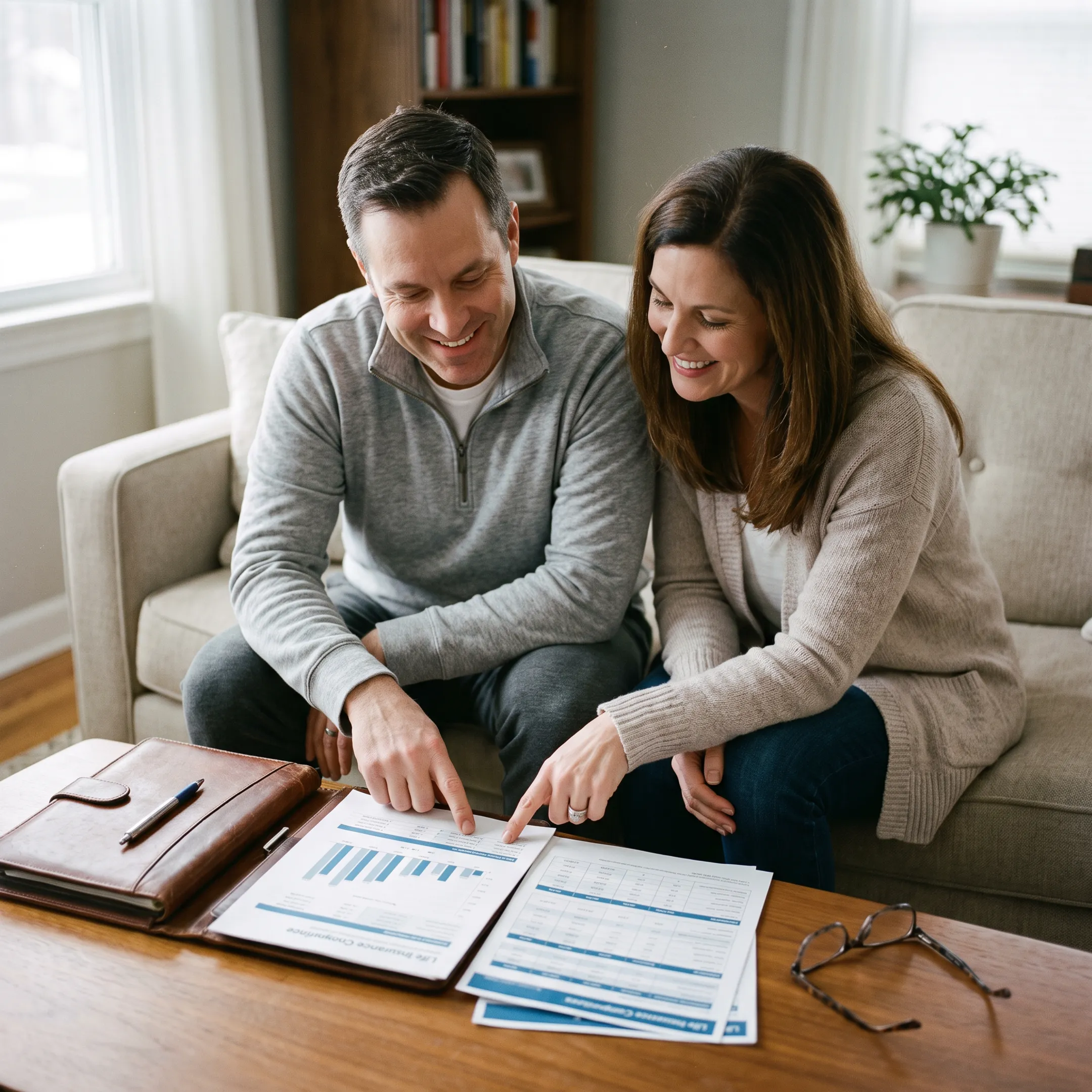 Couple reviewing term life insurance rates and coverage quotes together