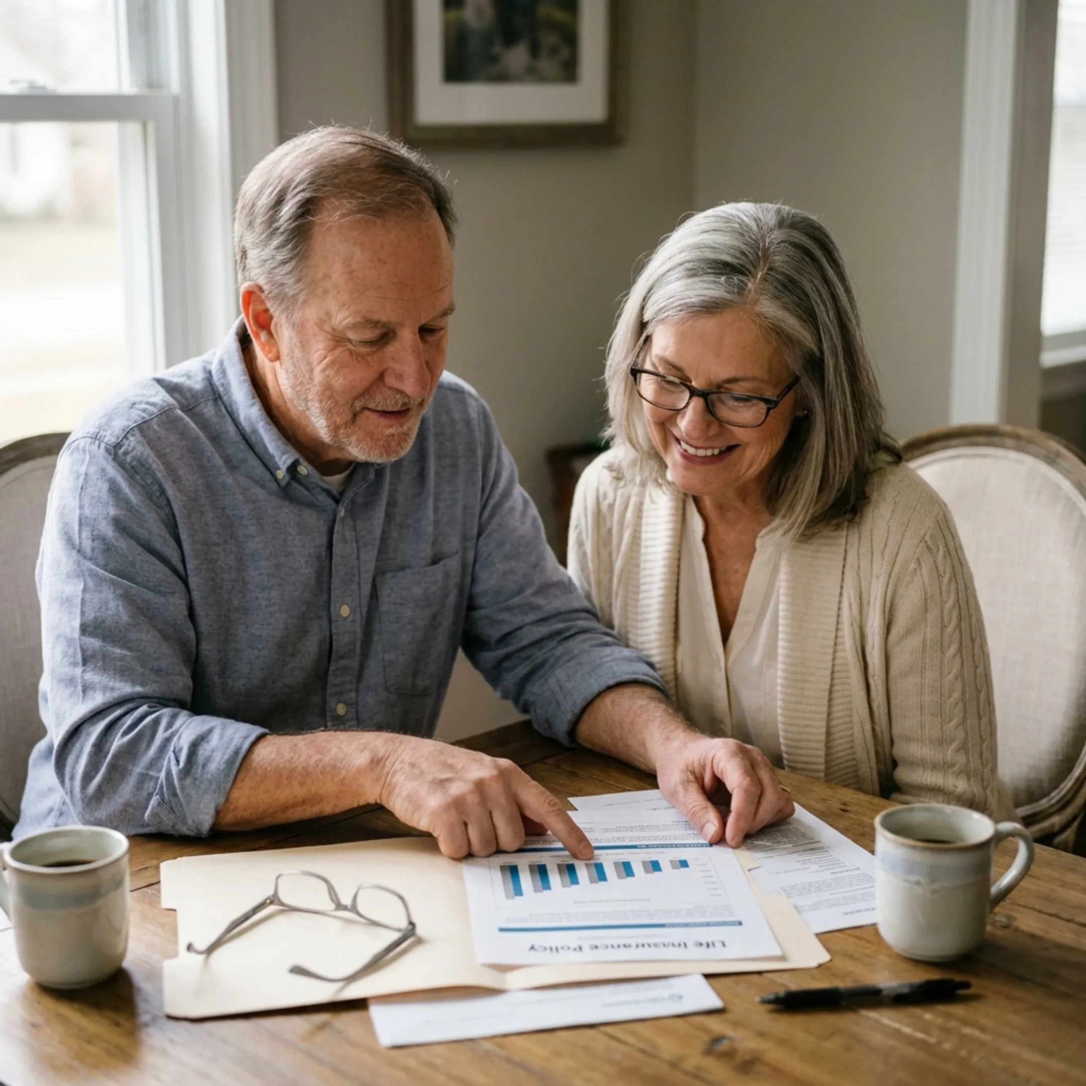 Senior couple reviewing permanent life insurance policy documents at home