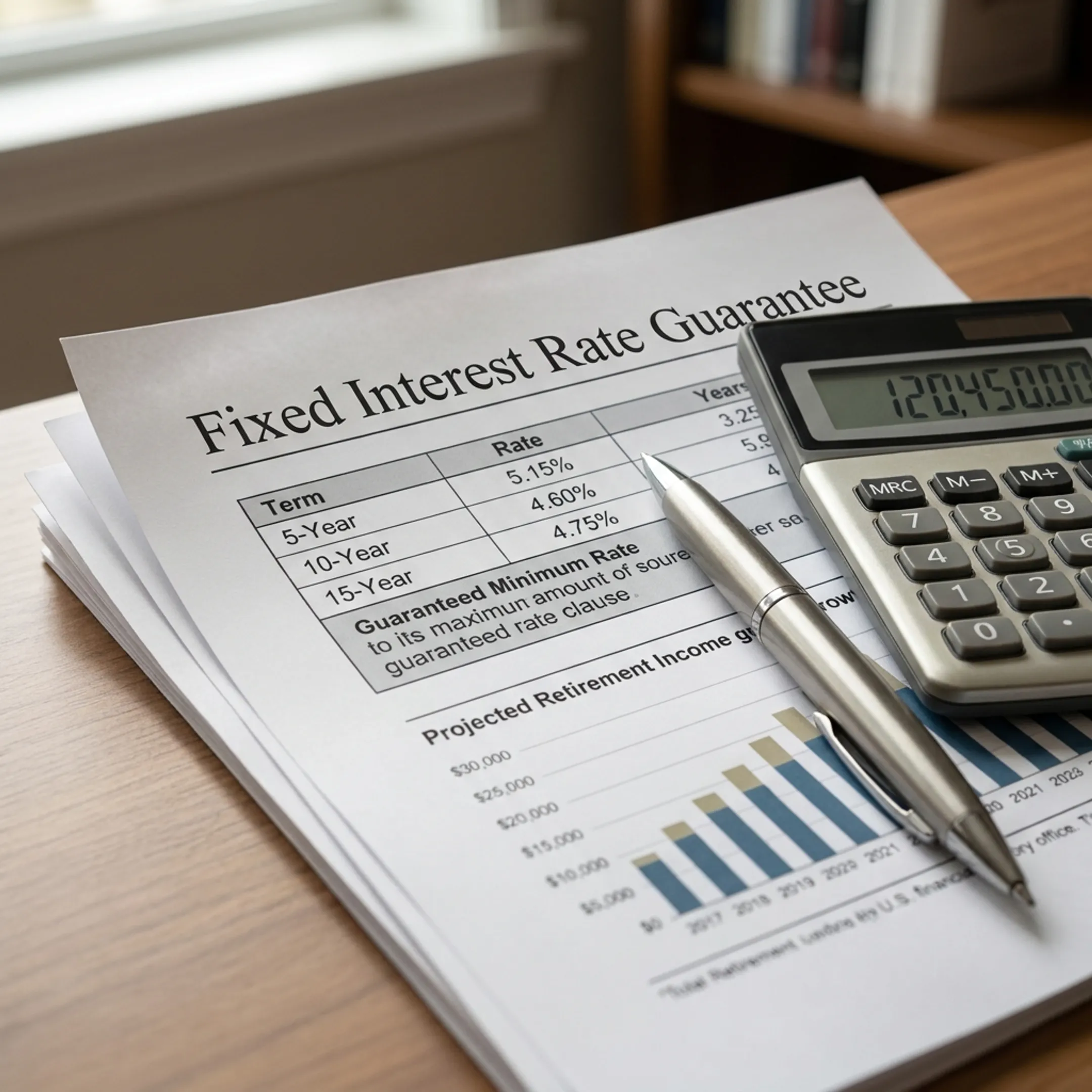 Retirement planning documents showing fixed annuity interest rate options and guarantees.