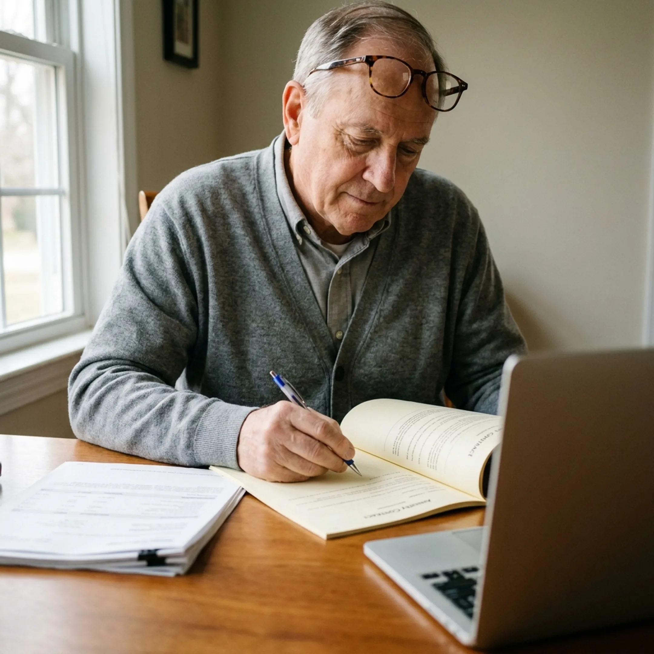 Retiree reviewing personal pension and annuity portfolio documents at home desk