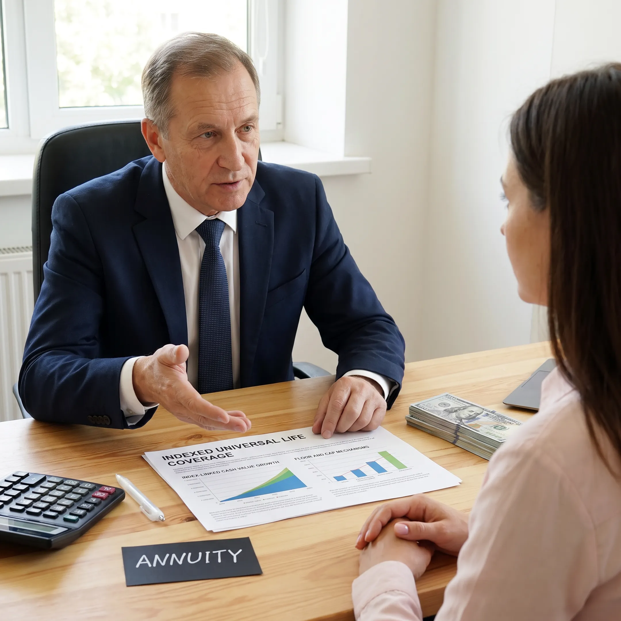 Advisor explaining IUL coverage and cash value features