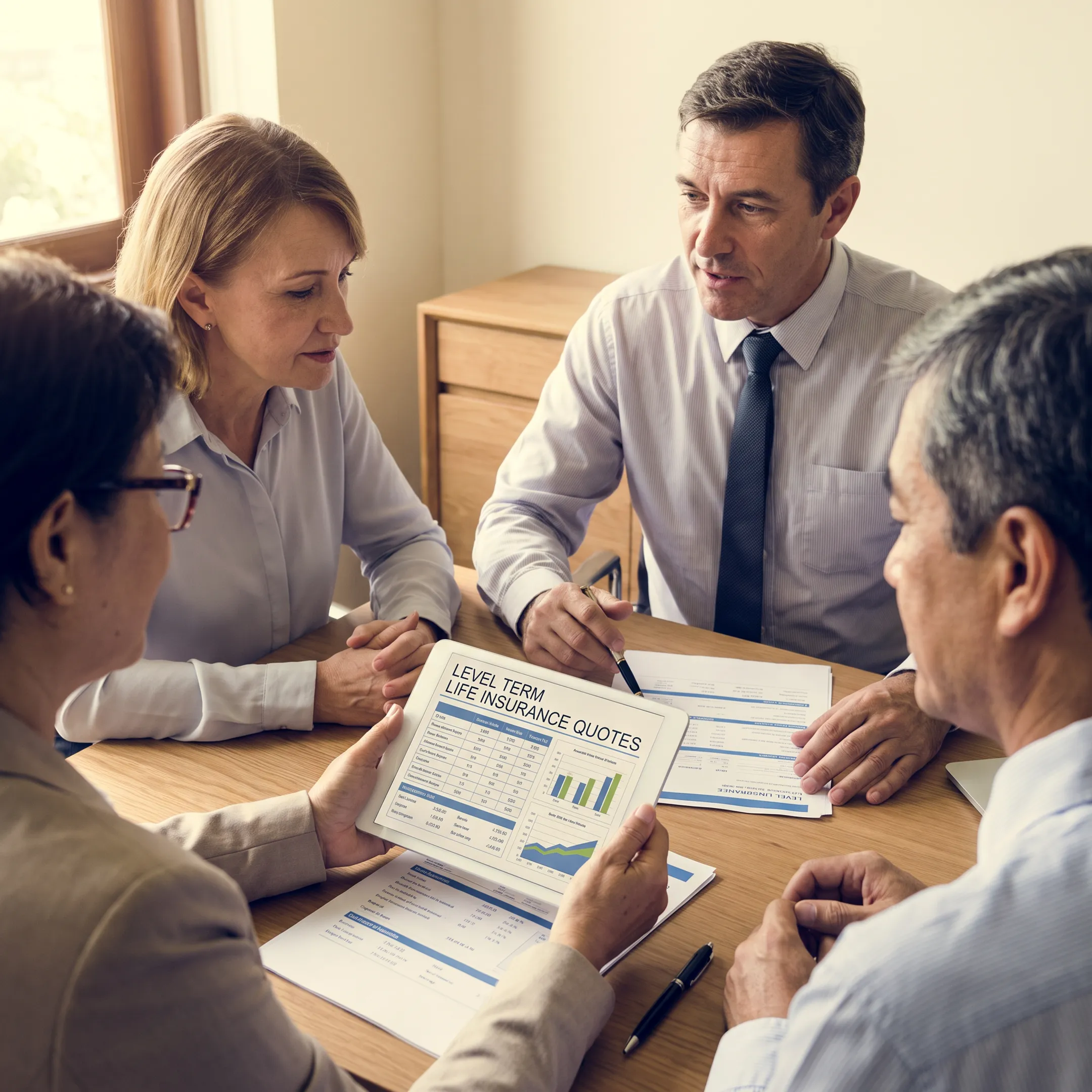 Agent explaining term life insurance quote options to a couple