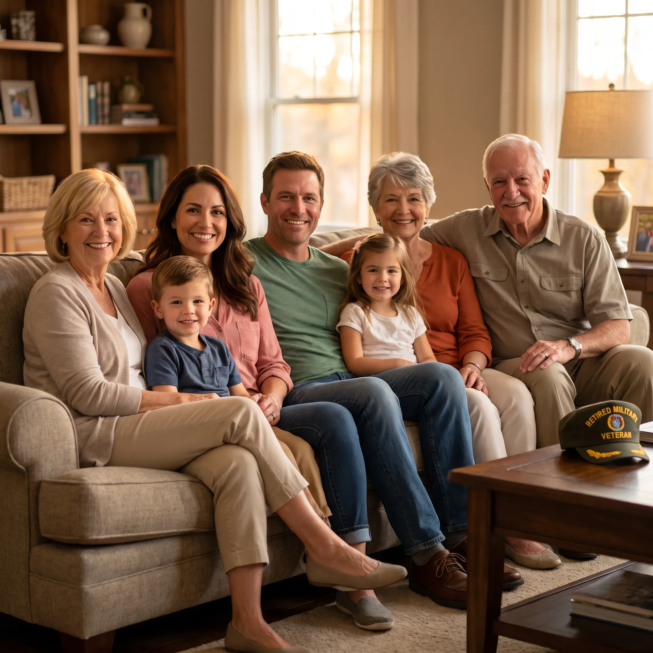 Retired military family smiling together at home feeling financially secure