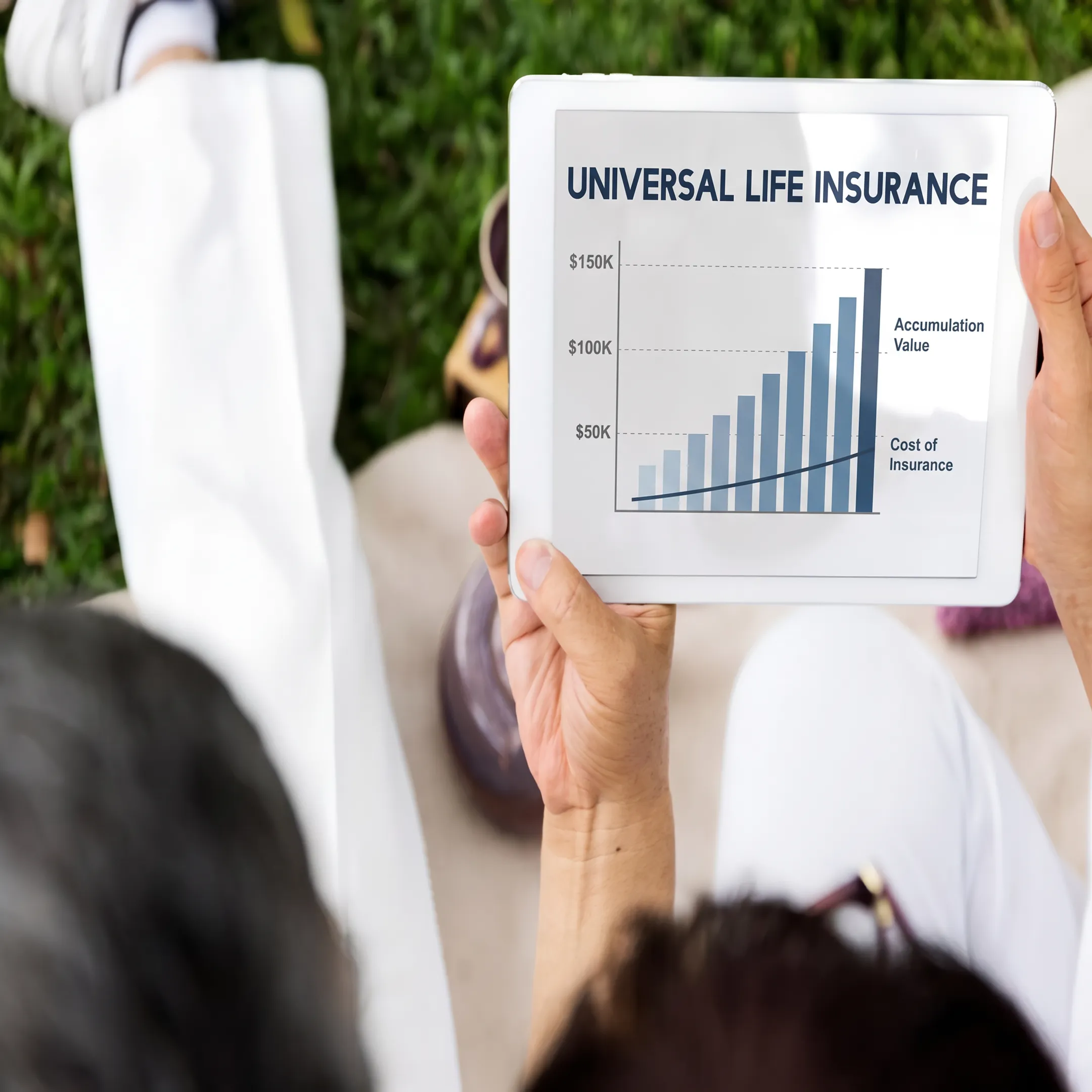Universal life insurance expense calculation diagram on a tablet