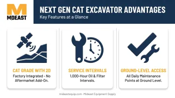 Three Cat Next Gen excavator ownership cost advantages icons and descriptions