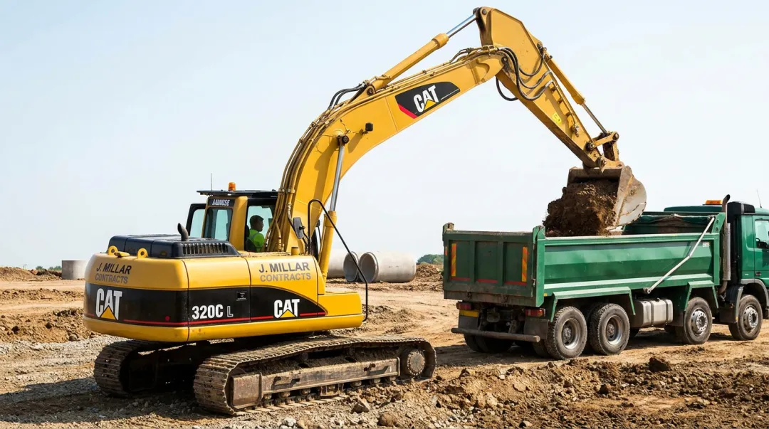 Cat 320 mid-size excavator operating on active commercial construction site