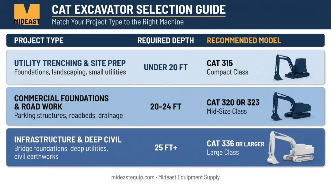 Cat excavator model selection guide by project type dig depth and size class