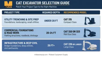 Cat excavator model selection guide by project type dig depth and size class