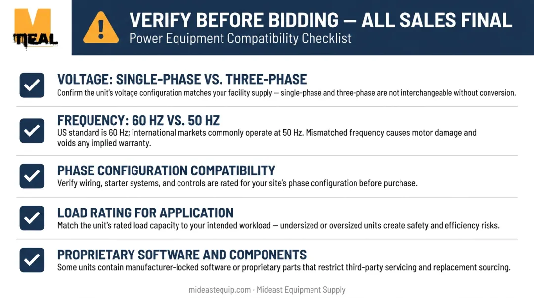 Generator and compressor electrical compatibility specifications verification checklist infographic