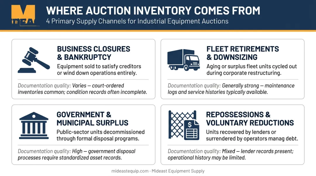 Four industrial equipment auction supply sources comparison infographic