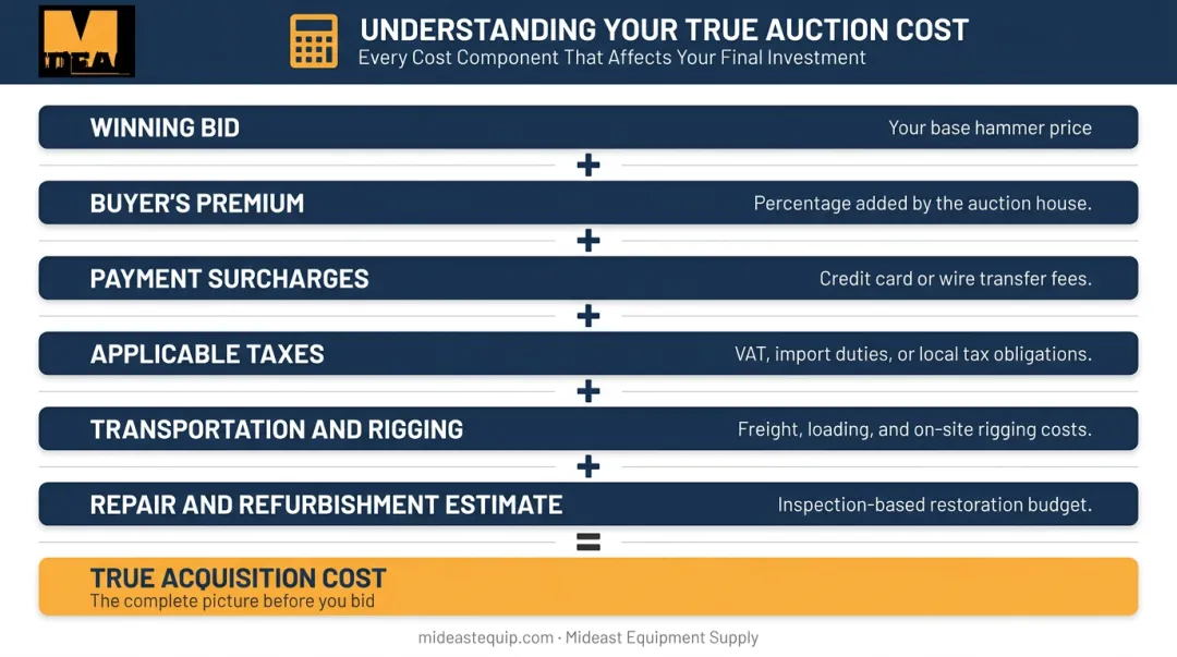 Industrial equipment auction total acquisition cost calculation breakdown infographic