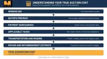 Industrial equipment auction total acquisition cost calculation breakdown infographic