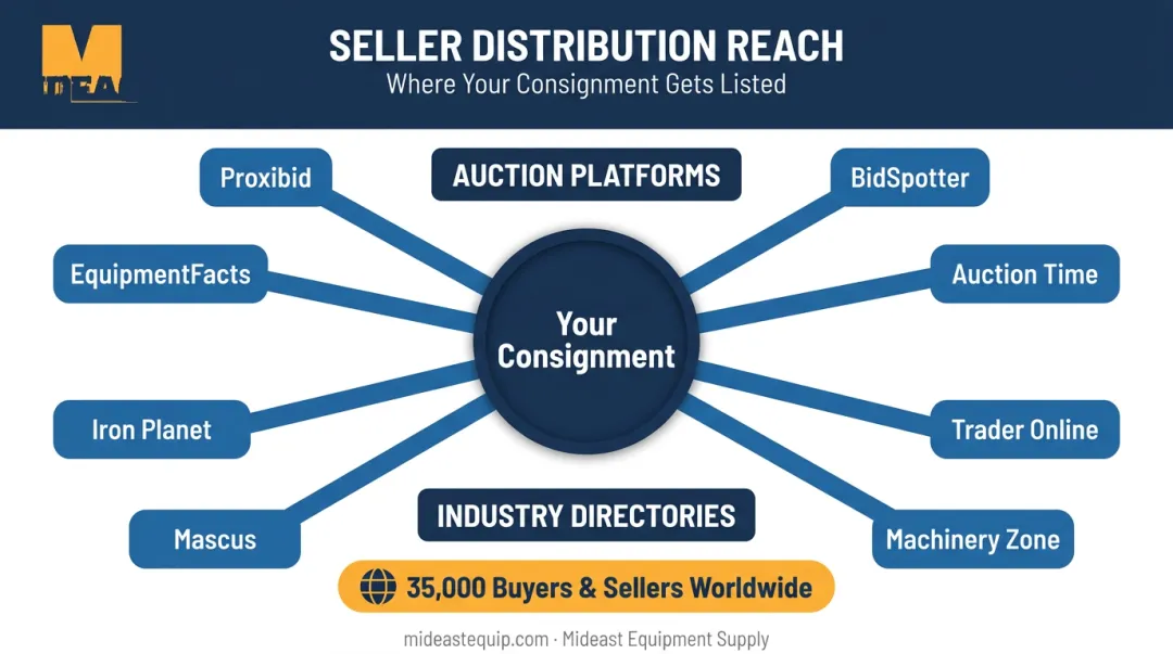 Heavy equipment auction seller distribution network reaching 35000 global buyers and platforms