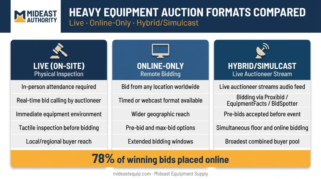 Three heavy equipment auction format types comparison infographic live online hybrid