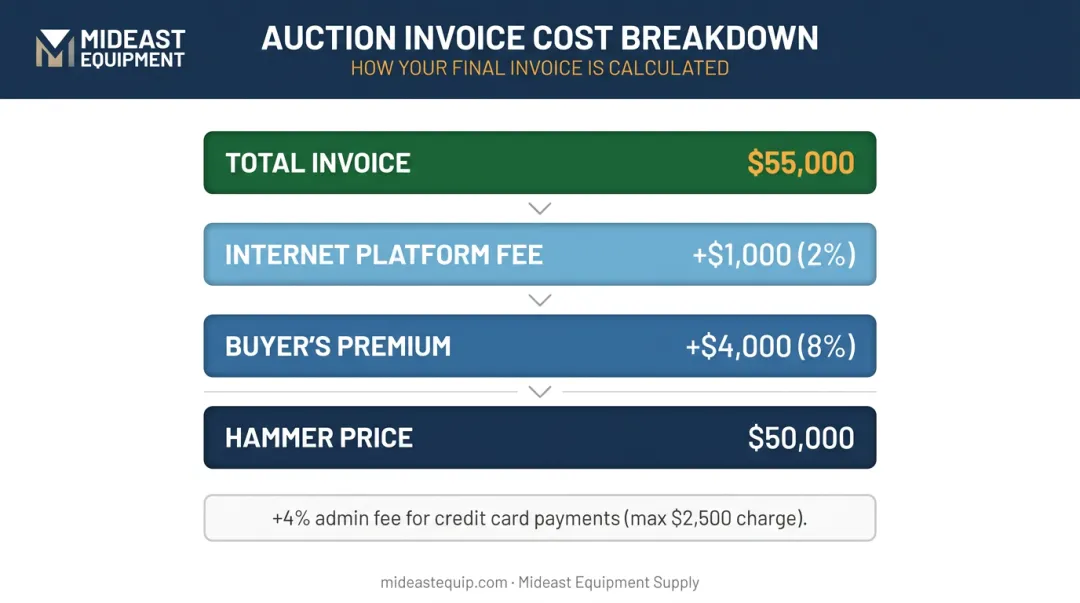 Heavy equipment auction buyer total cost breakdown with buyer's premium fee calculation
