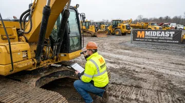 Mideast Equipment Auctions broker conducting on-site heavy equipment inspection at yard