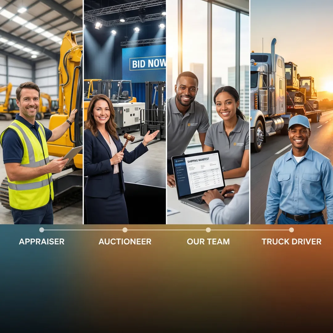 Commercial auction logistics process showing equipment inspection and transport coordination