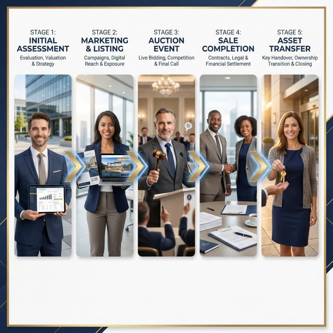 Commercial auction process workflow showing evaluation through final sale