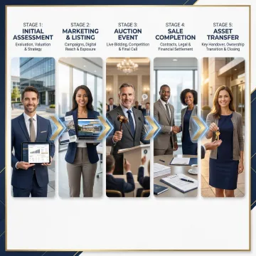 Commercial auction process workflow showing evaluation through final sale