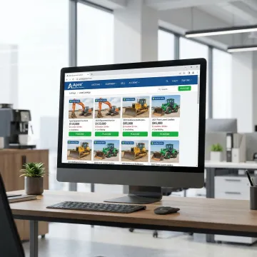 Digital auction platform interface showing heavy equipment listings with online bidding capabilities