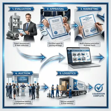 Step-by-step liquidation process with business professional and equipment inventory