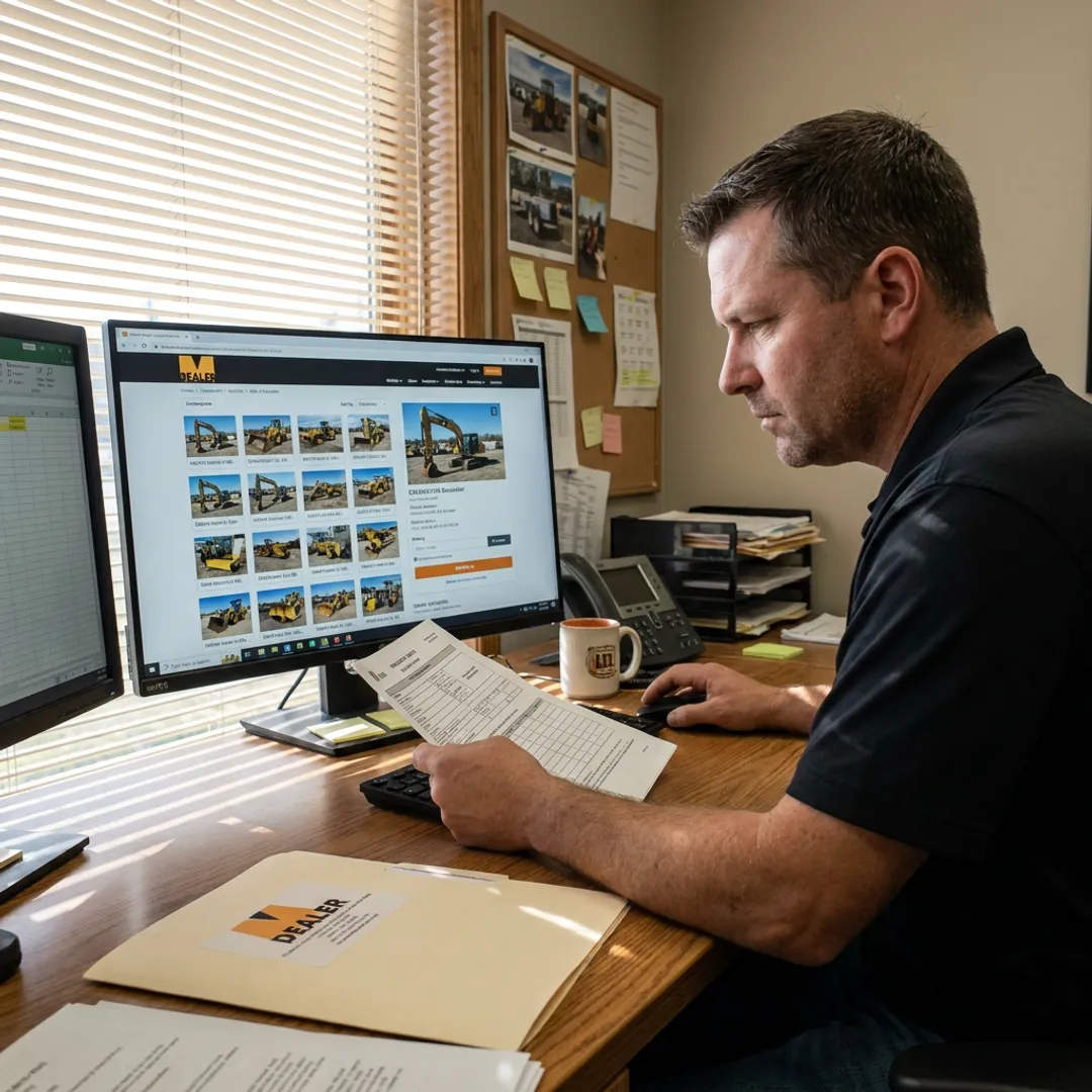 Auction team reviewing heavy equipment listings