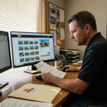 Auction team reviewing heavy equipment listings