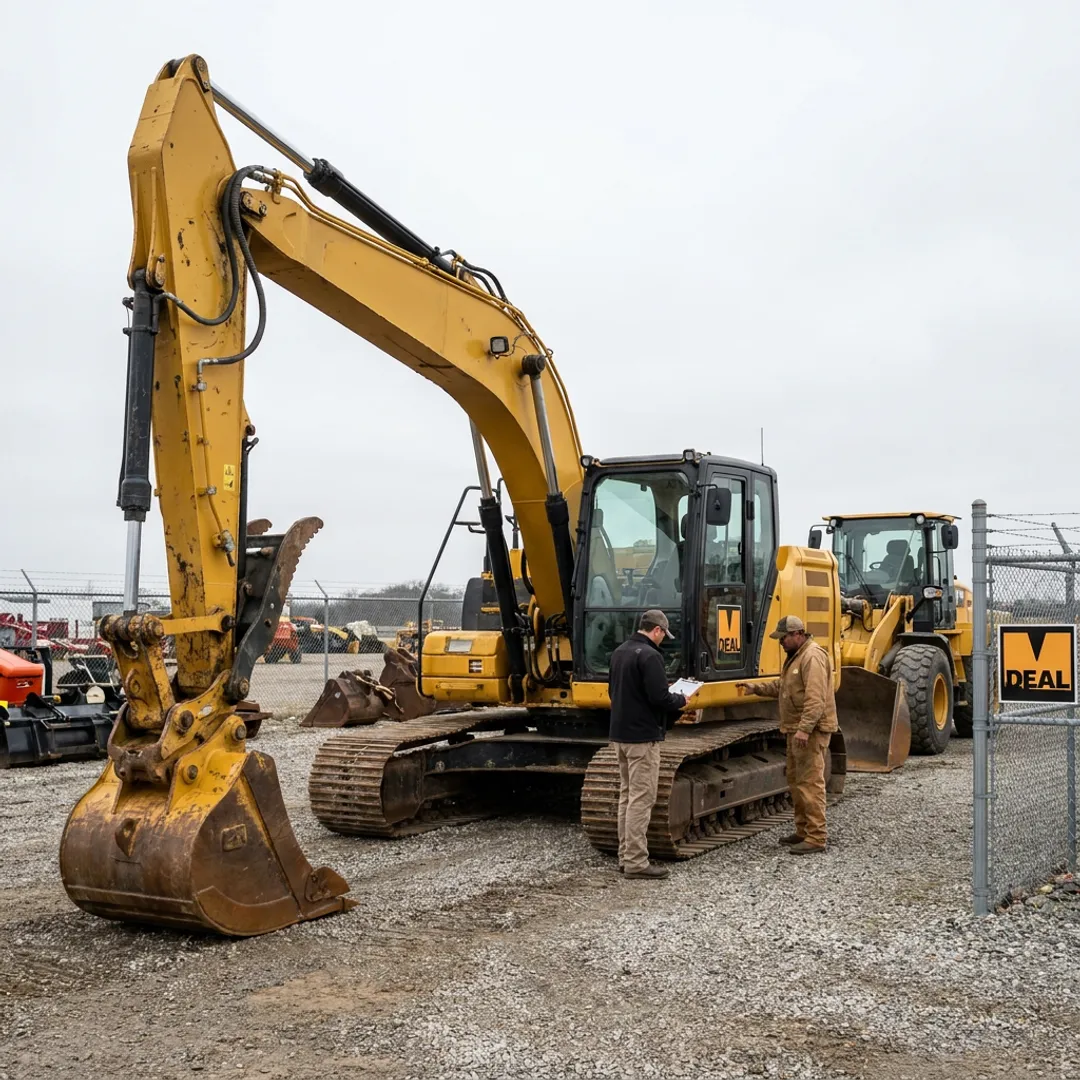 Auction team inspecting heavy machinery before bidding